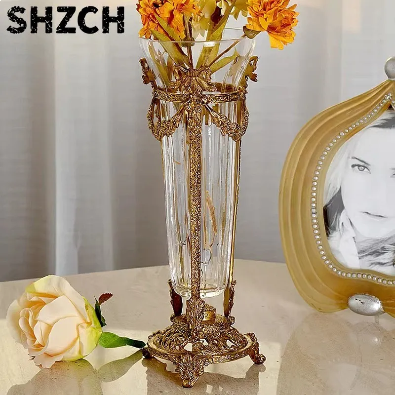 Handcrafted Crystal Glass Vase with Brass Inlay Luxury Table Centerpiece Home Decor