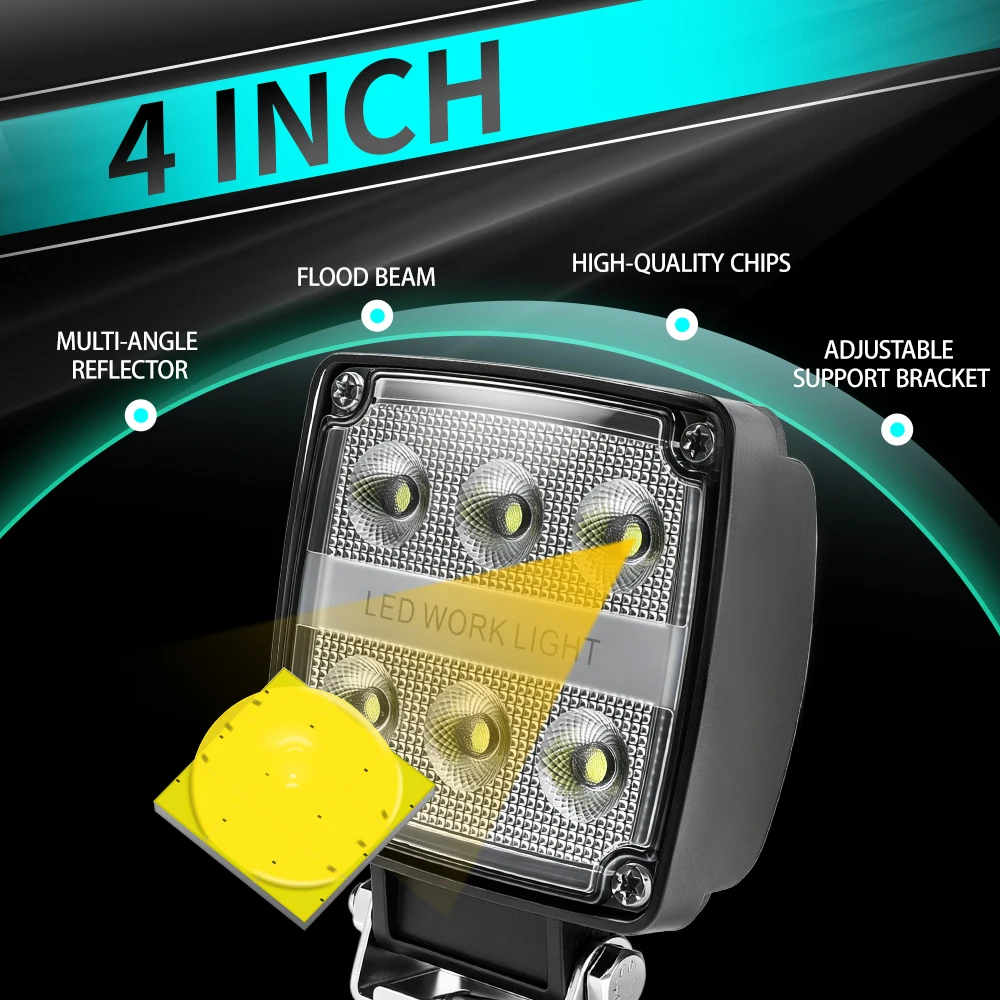 HL 4 Inch 6 LED Flood Work Light IP68 6000K White Auxiliary Lamp for Excavator Loader Bulldozer Komatsu Machinery off-road use