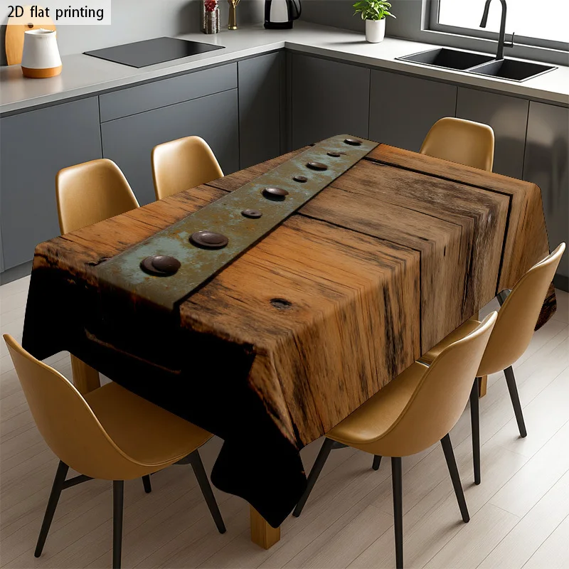 Vintage Riveted Wood Tablecloth Rustic Metal Bolt Texture Rectangular Table Cover for Dining Kitchen Home Decor Party Banquet