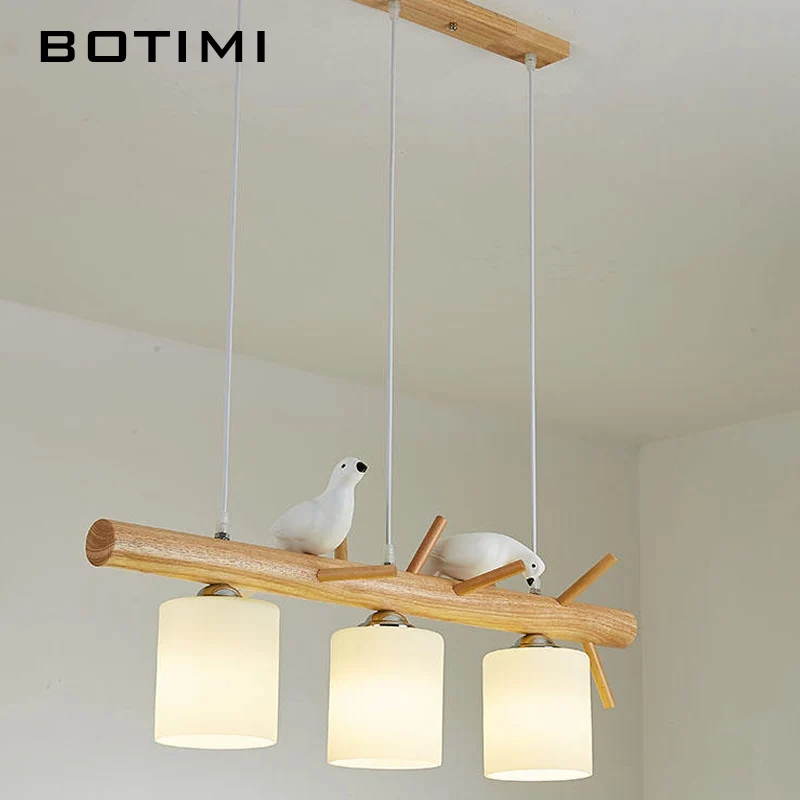 

BOTIMI Wooden LED Birds Pendant Lights For Dining Solid Wood Lustre Kitchen Luminaire Island Nordic Style Hanging Lamp