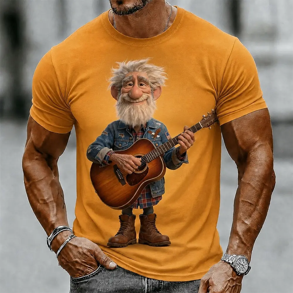 Novelty 3D Guitarist Old Man Guys Print Men's T-shirt Fashion Short Sleeve t shirts Casual Daily Streetwear Tops Summer Clothing