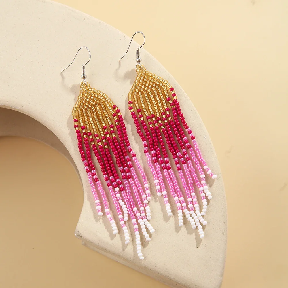 

Beaded earrings Gradient Retro Hand weaving Bohemia Tassel Tidal current Simplicity Alloy Beaded earrings