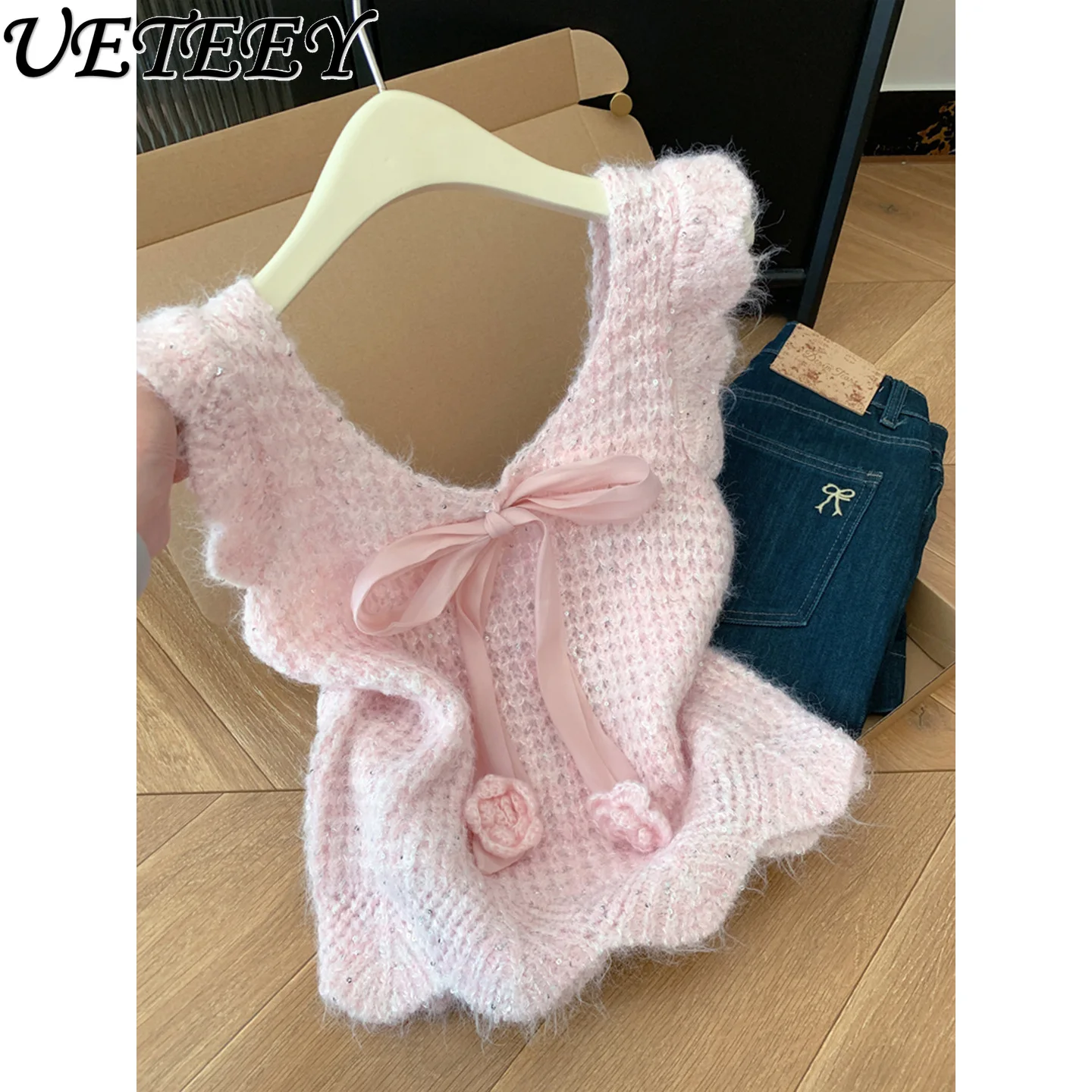 

Korean Style Sweet Girl Bow Ribbon Sleeveless Knitted Vest for Women Autumn and Winter New Versatile Outerwear Tank Top