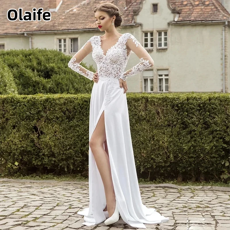 

Olaife Sexy V-Neck Chiffon Wedding Dress With High Side Split Lace Long Sleeve Boho A-Line Bride Gown Backless Zipper Vestido De