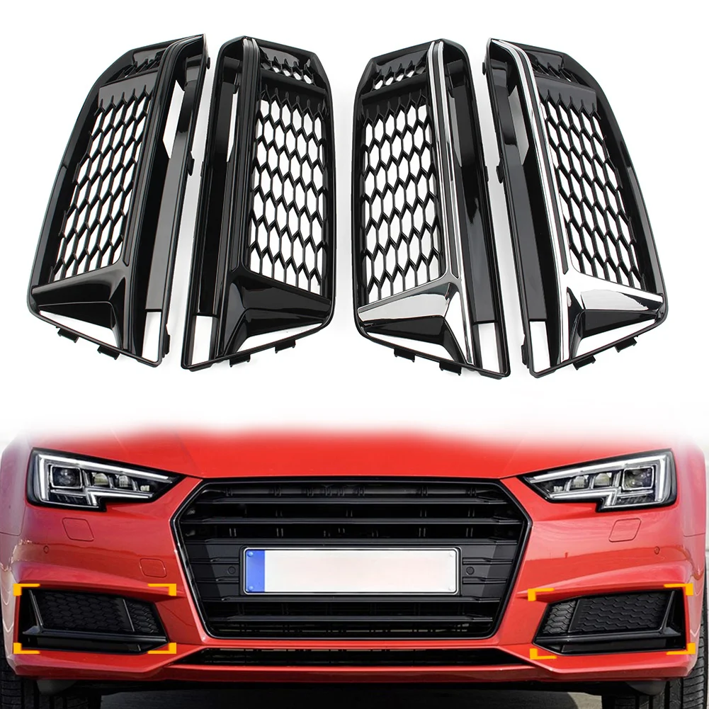 

1 Pair Car Front Bumper Fog Light Grille Cover Honeycomb Mesh Grill For Audi A4 B9 S-Line S4 2016 2017 2018 Glossy Black