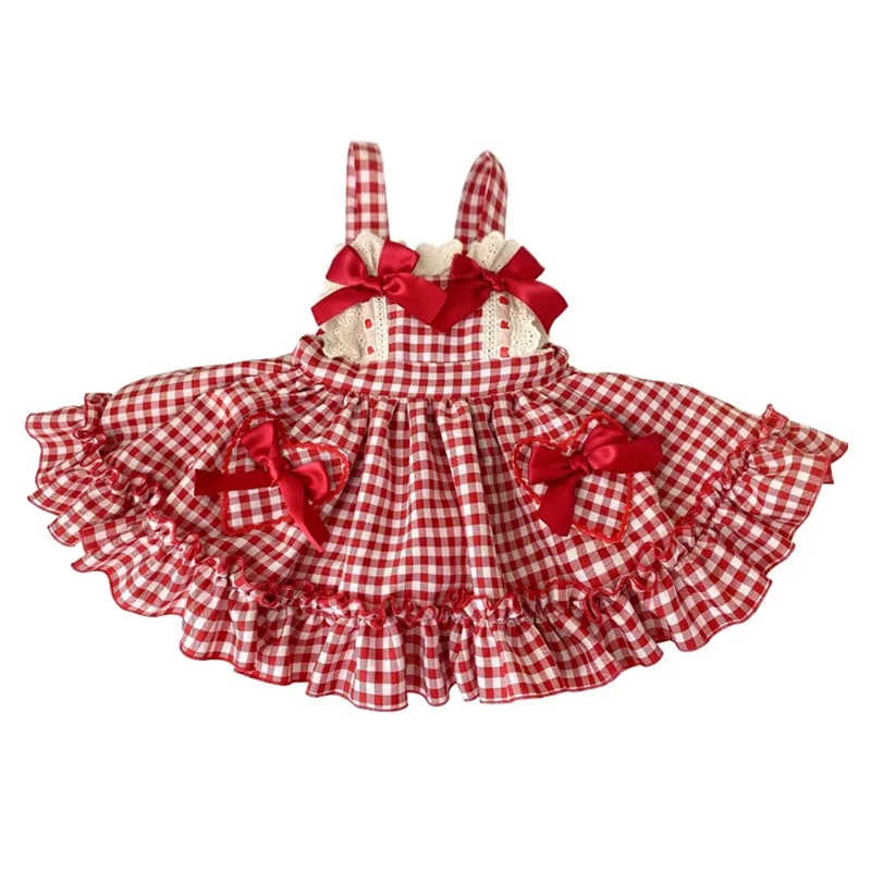 Summer Girls' Korean Style Dress Bow Lace Decoration Lolita Princess Dress Square Neck Girls Plaid Printing Dress Sleeveless