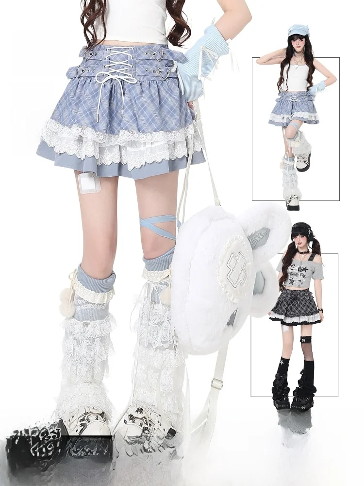 Crazygirl Spring Summer Sweet Ballet Style Girl Feel Bow Tie Plaid Lace  A-Line Cake Skirt Half Skirt High Waist