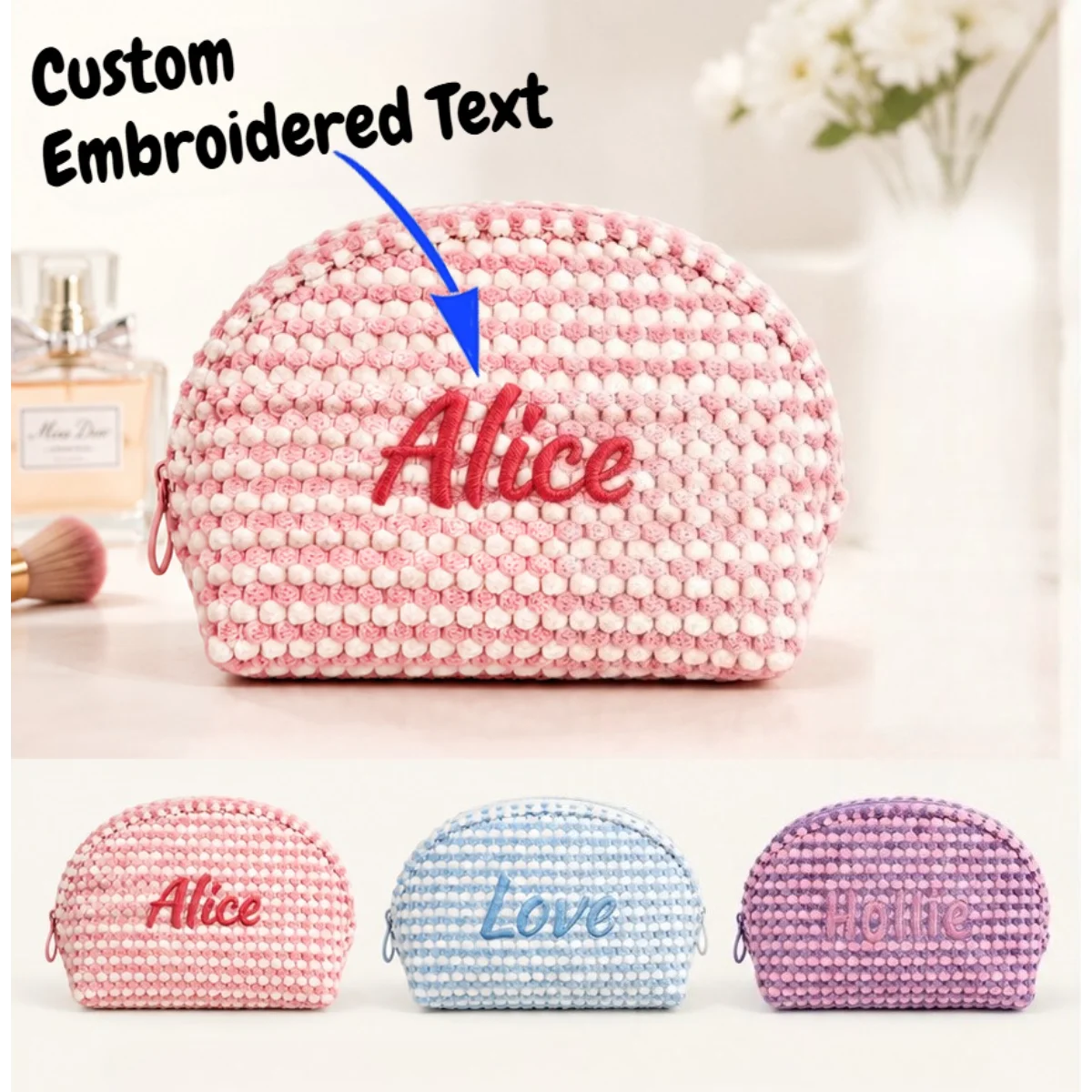 Large-Capacity Plush Makeup Bag Custom Embroidered Text Portable Travel Toiletries Bag Ideal Holiday Event Gift