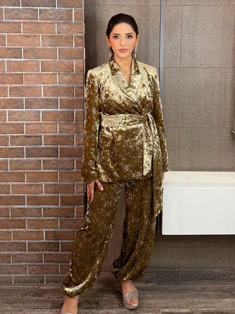 HH Women Fashion Lapel Belt Pocket Hidden Buckle Decoration Blazer Coat+High Waist Loose Trousers Metallic Thread Velvet Suit