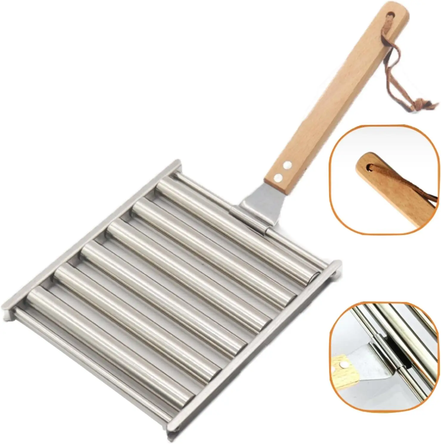 

Hotdog Roller Grill with Long Wood Handlewith Stainless Steel Rack for Evenly Cooked Roller for Grill Outdoor Camping BBQ