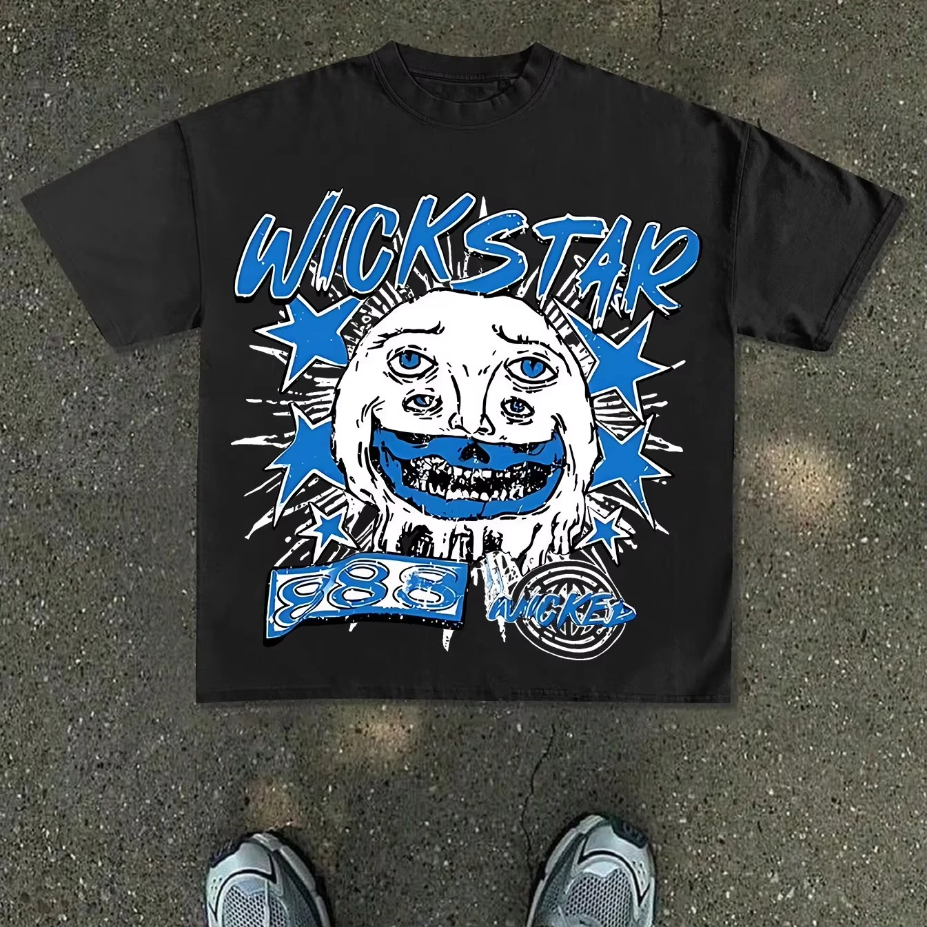 Men'S New T-Shirt | Y2K Fashion Print, Pure White Base with Blue and Black Graffiti-Style Multi-Eyed Smiley Face