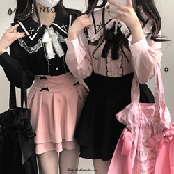 Japanese Lolita Mine Mass-Produced Blouse Women Sweet Cute Sailor Collar Lace Stitching Long-Sleeved Shirt Kawaii Slim Camisas