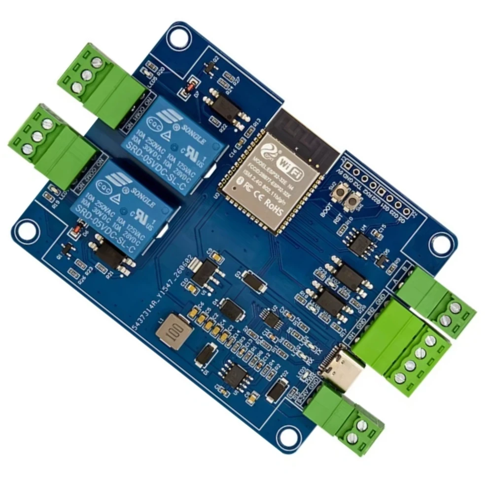 ESP32 2 Channel Relay RS485 Modbus Module 2IN 2OUT Optocoupler Isolation WiFi BT CH340 Type-C & 7-24VDC Dual Power Supply