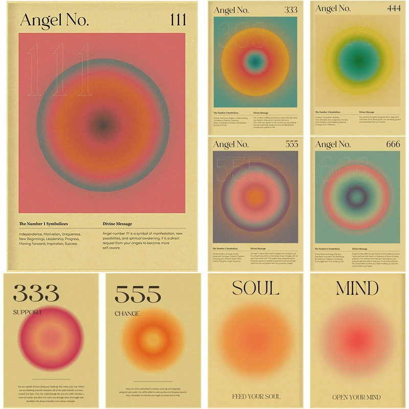 Póster Retro con número de Ángel, impresiones de Aura degradadas, decoración de habitación, energía espiritual, decoración Vintage para el hogar, pinturas artísticas nostálgicas para pared