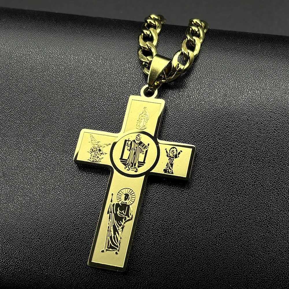 Christliches Multi-Heiligen-Kreuz Benedikt Anhänger Halskette Edelstahl ST Michael Judas Jungfrau Maria Jesus Kette Schmuck Geschenk