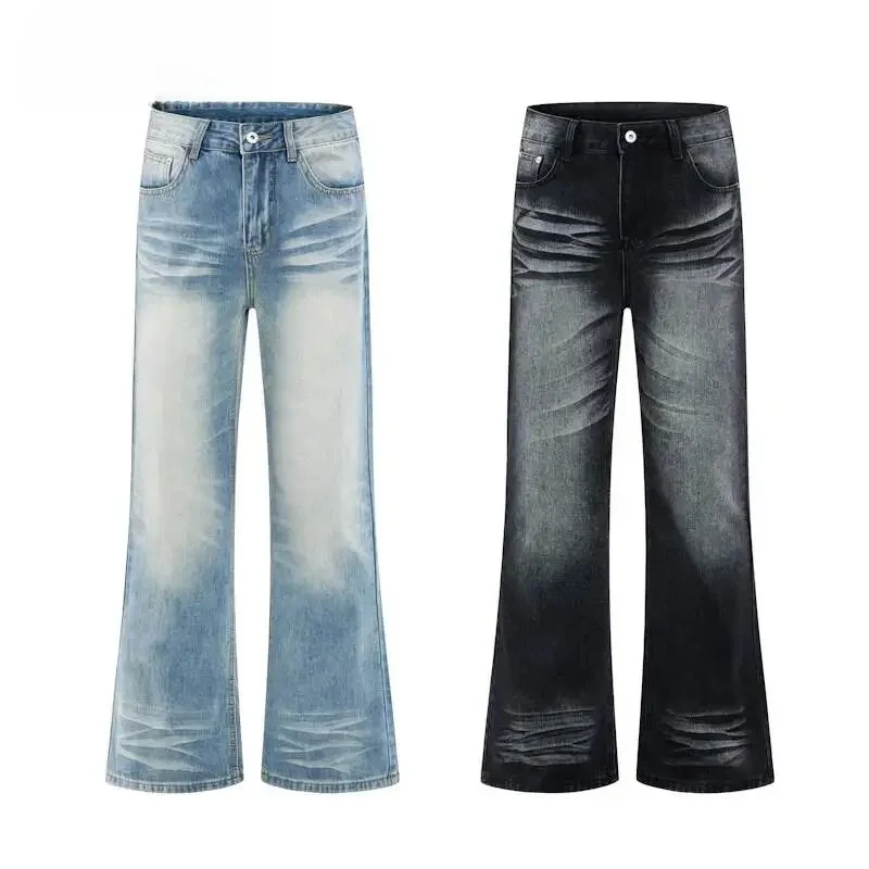 

IEFB Edgy Mens Flare Jeans Two Tone Washed Stacked Wide Leg Non Shrinkable Wide Leg Jeans for Men Summer 2015 Drawstring Closure