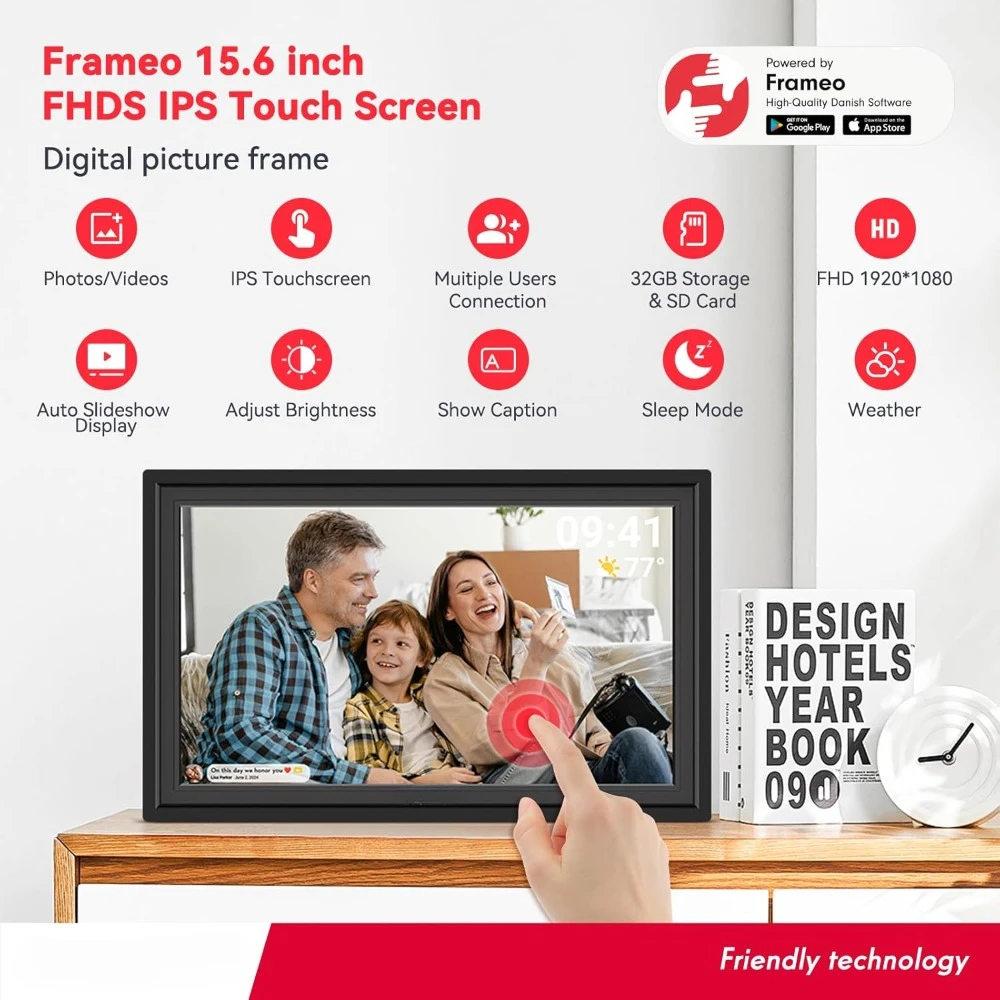 Digital Photo Frame WiFi with 32 GB, HD IPS Touch Screen, Auto-Rotate, Slideshow, Videos From Phone By Frameo App