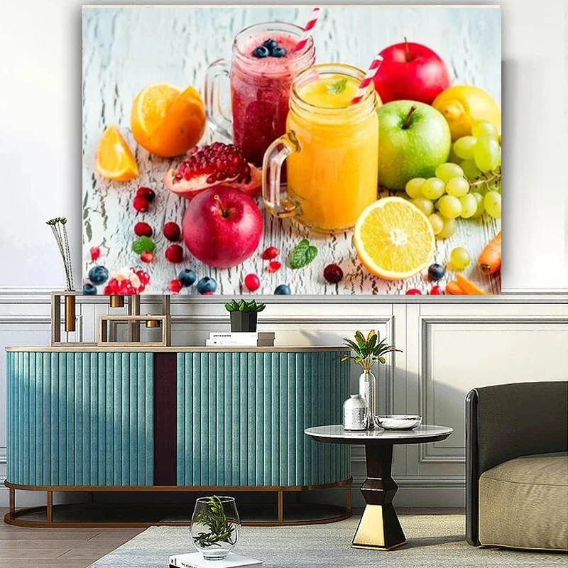 Healthy Food Kitchen Poster Canvas Painting Cocktails Smoothies Apple Orange Grapes Pictures Wall Art For Home Restaurant Decor