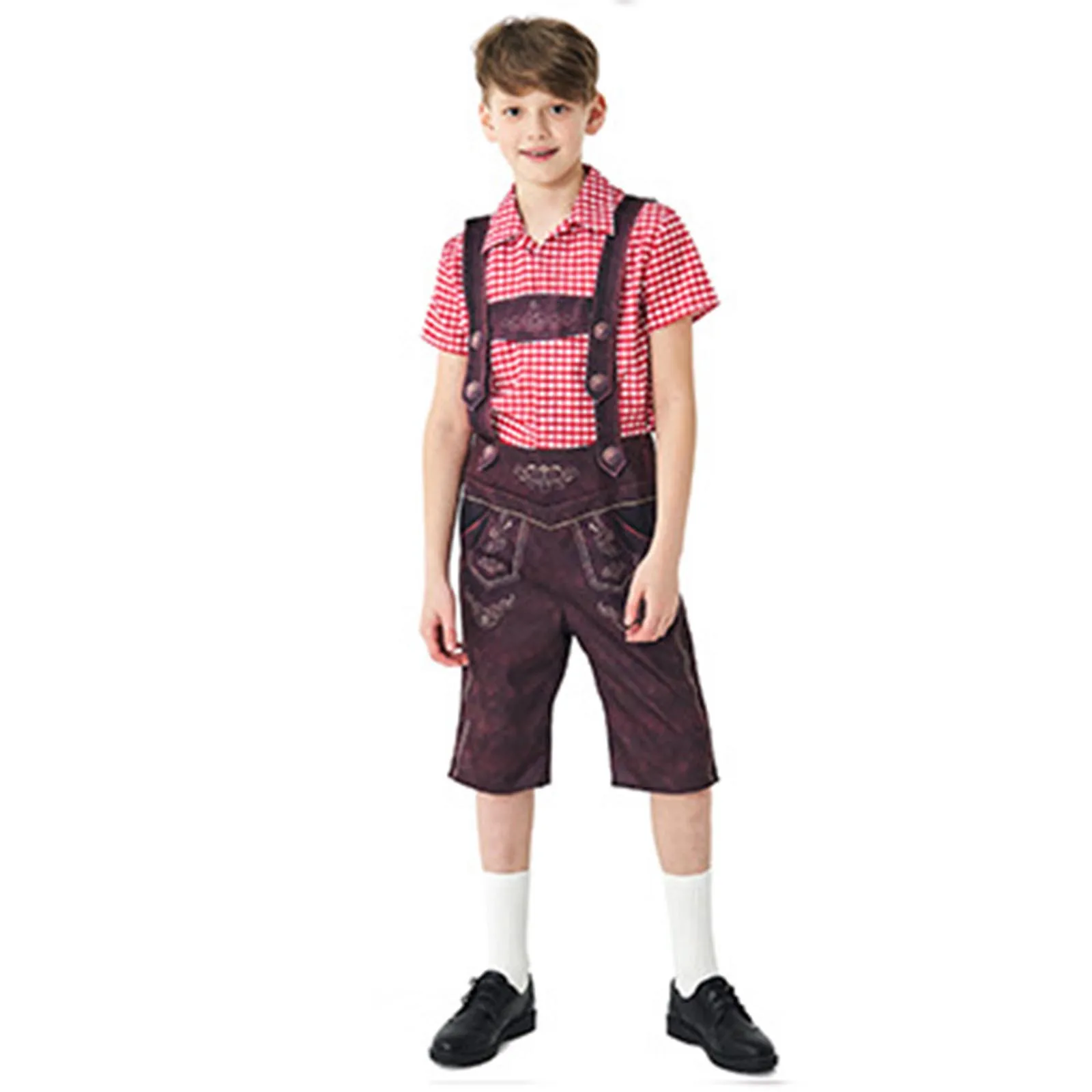 

Children Oktoberfest Costume Three Color Plaid Shirts Lederhosen Bavarian German Beer Boy Suit Cosplay Halloween Costume