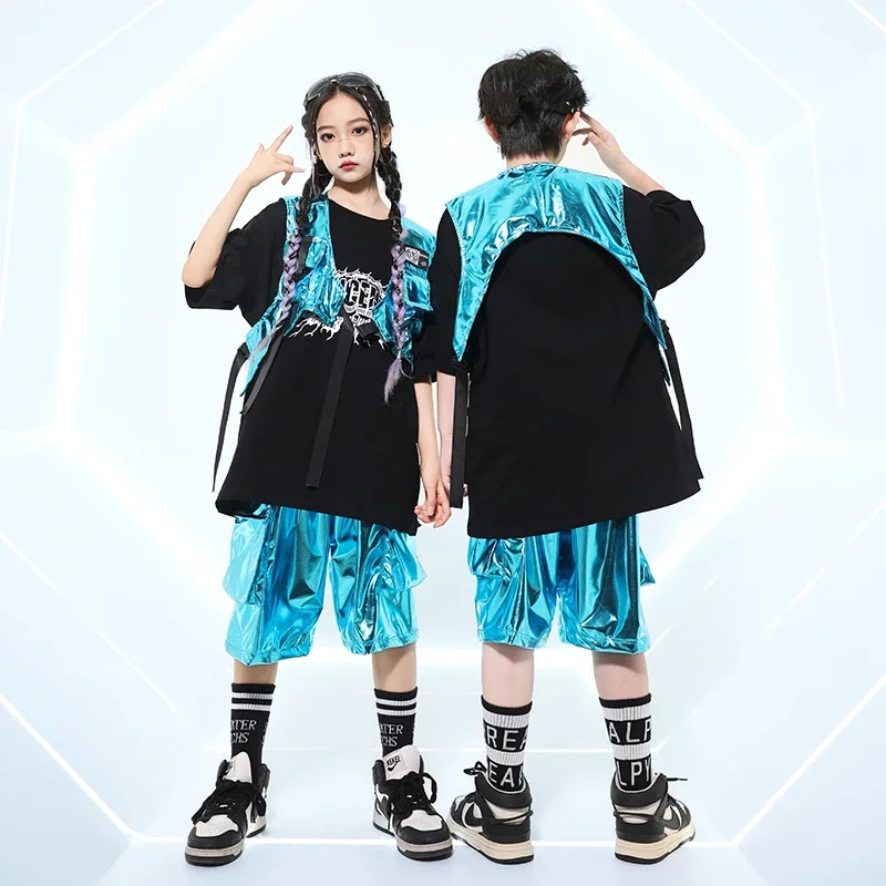 Hip hop meninos camiseta de couro do plutônio brilhante carga shorts meninas legal colheita topo streetwear crianças trajes dança rua criança jazz roupas