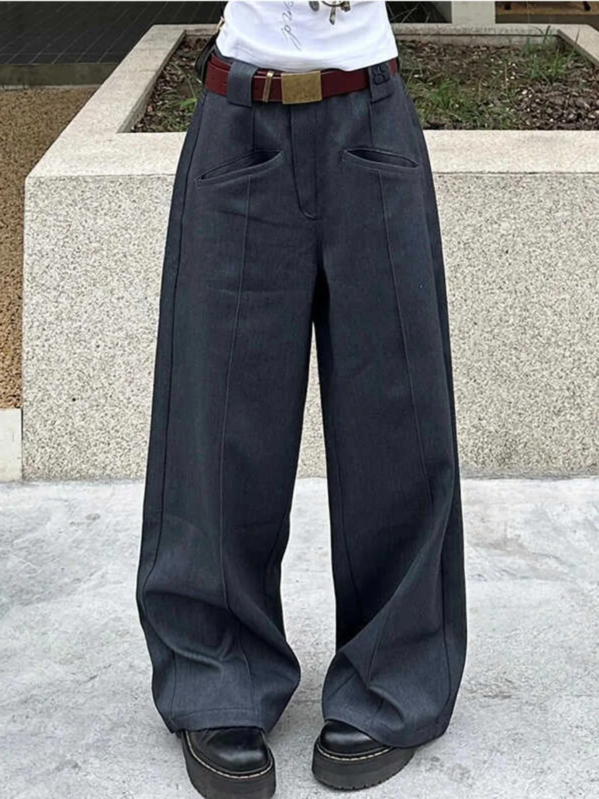 

American Retro Black Grey Suit Pants Women's Autumn Winter Loose Casual Extended Straight Leg Floor-Length Trousers