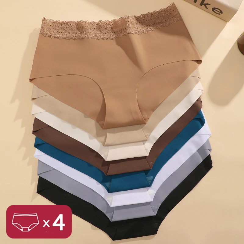 4-teiliges Set Sexy Spitzenbesetzte Slips Sommer Ultra-dünne Atmungsaktive Unterwäsche Einfarbige Nahtlose Slips Damen Mittlere Taille Lingerie