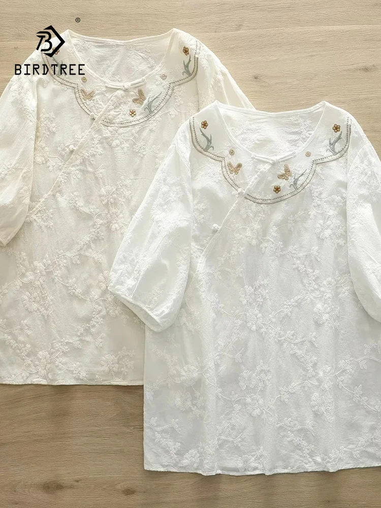 

New Summer Cotton Casual Shirt Women O Neck Half Sleeve Embroidery Tops Girl Loose Retro Chinese Blouses 2024 Autumn T45822QC