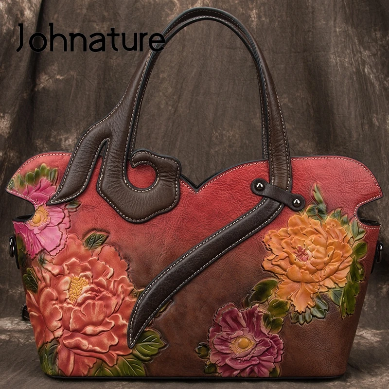 Johnature Handmade Embossing Retro Luxury Handbags Women Bags Designer 2024 New Genuine Leather Shoulder & Crossbody Bags