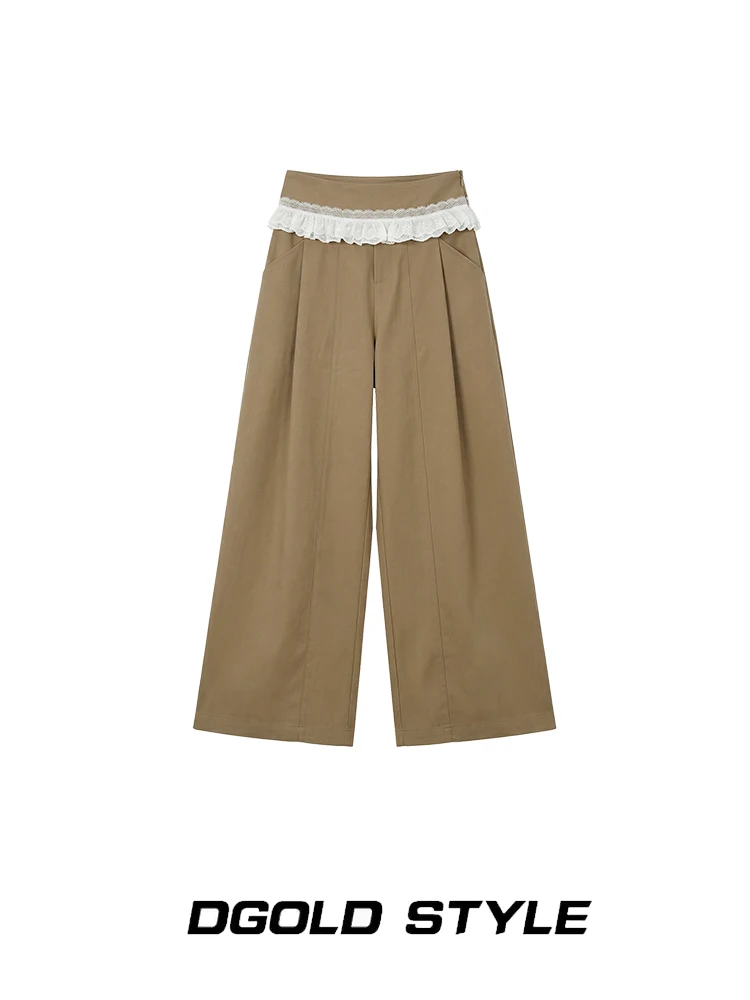 

Женские повседневные брюки с высокой талией и свободным кроем, весна-лето, новинка, в американском ретро-стиле, с кружевной отделкой, широкие штанины, милый дизайн