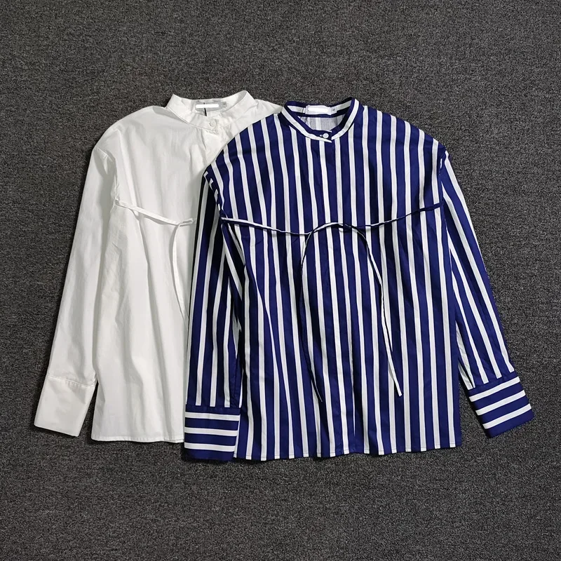 VC-Women\'s Long Sleeved Striped Shirt, Thin Ribbon, Round Neck, Casual, Loose, Spring, Summer, New, 2024