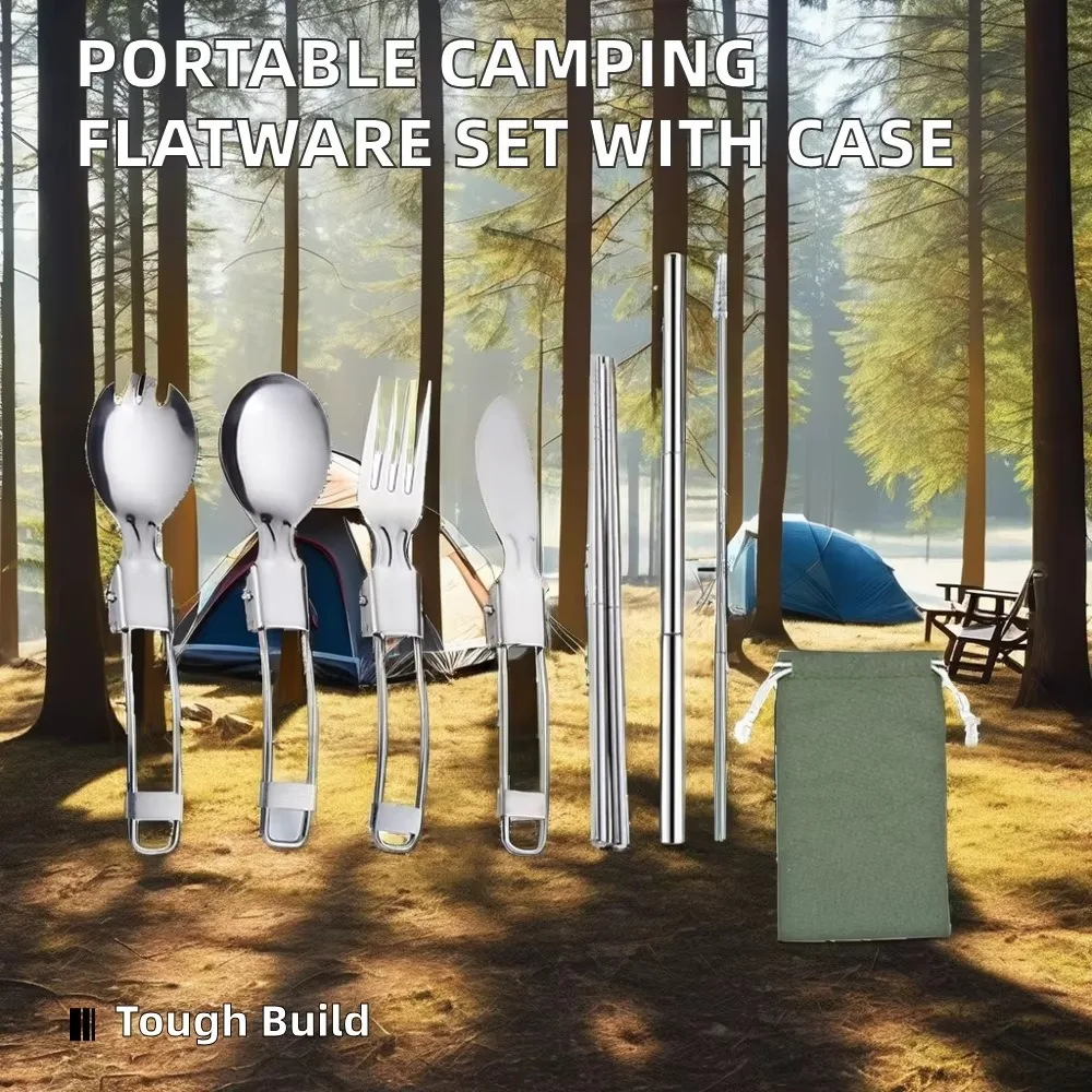 

6Pcs Foldable Camping Utensil Set 304 Stainless Steel Folding Flatware Include Portable Spoons Fork Knife with Storage Bags