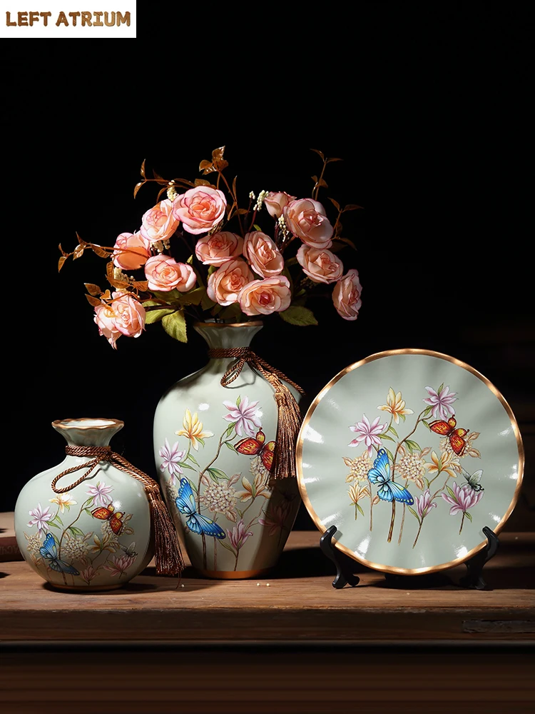 

3 шт./компл., европейская керамическая ваза, сухоцветы, цветочная композиция, качающаяся тарелка, украшения для входа в гостиную, украшения для дома