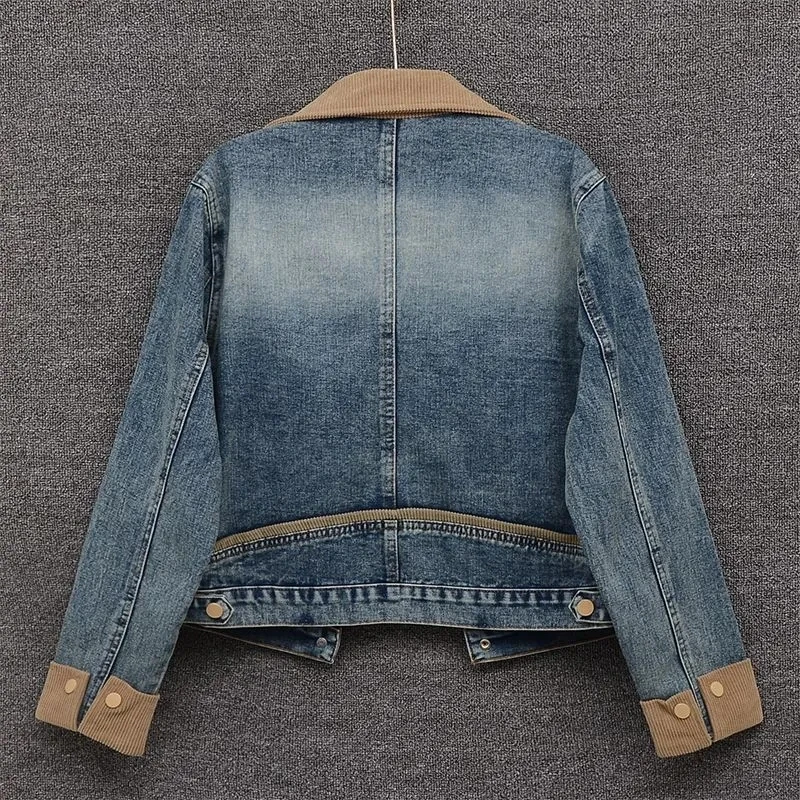 2026 New Vintage Contrast Denim Short Jacket For women Spring Autumn Fashion Casual Versatile Coat Female Motorcycle Jackets Top