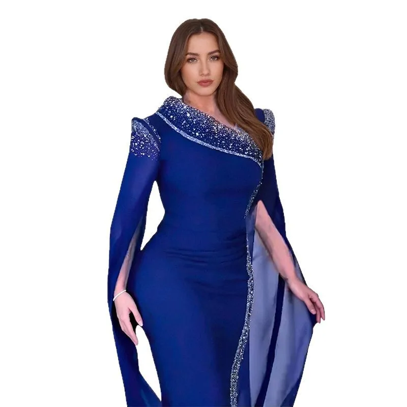 Langes Kleid Frauen Party Mantel Kleider Diamanten Diagonal Kragen Schlank Enge Taille Maxi Kleid Bodenlangen Weibliche Vestidos 2025