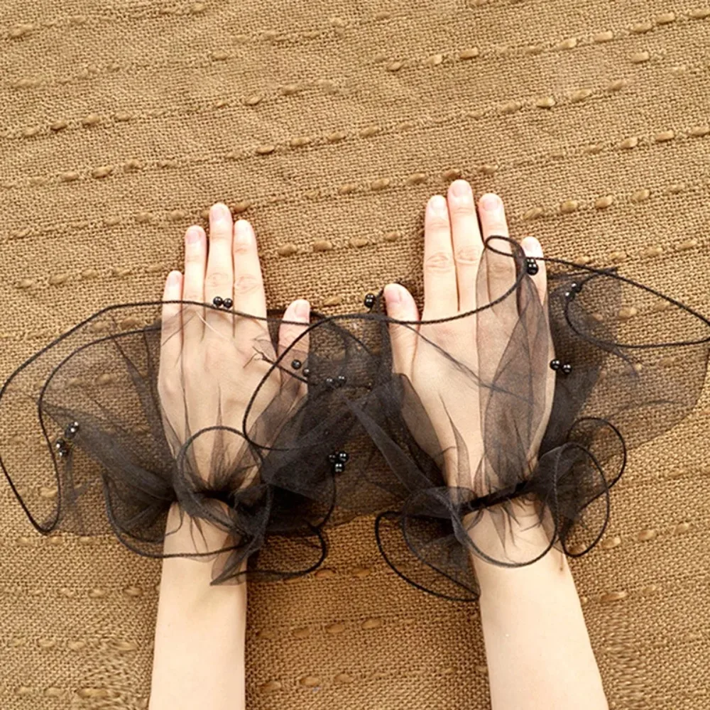 

1Pair Elegant Lace Mesh Wedding Cuffs Ruffled Detachable Cuff Ruffled Pearl Bride Wristband Wedding