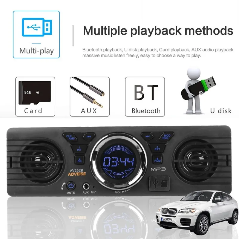 

12V Car Radio Audio FM Transmitter MP3 Player Stereo Built-in Louds Speakers Microphone Digital Clock Bluetooth Auto