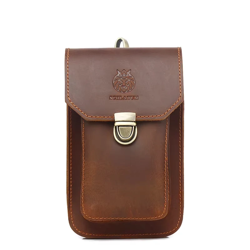 LUKZIJAES Vintage Crazy Horse Genuine Leather Men Belt Bag Casual Waist Bags 6-inch Mobile Phone Pouch Fanny Waist