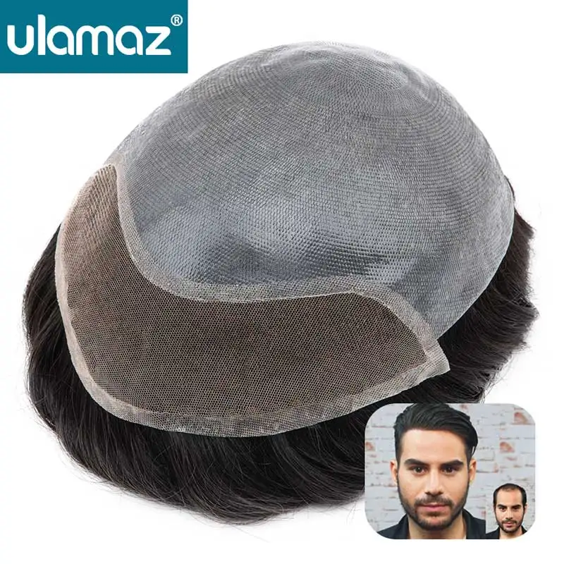 Tupé de encaje frontal para hombre, peluca con nudos blanqueadores, prótesis de cabello masculino de Pu, tupé de cabello humano, pelucas de sistema de cabello de encaje francés