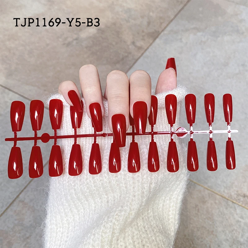 New 24pcs Red Fake Nails Press On Nail Tips Solid Color Long Round Coffin Removable Artificial Nails Manucure Matte Nail Tips