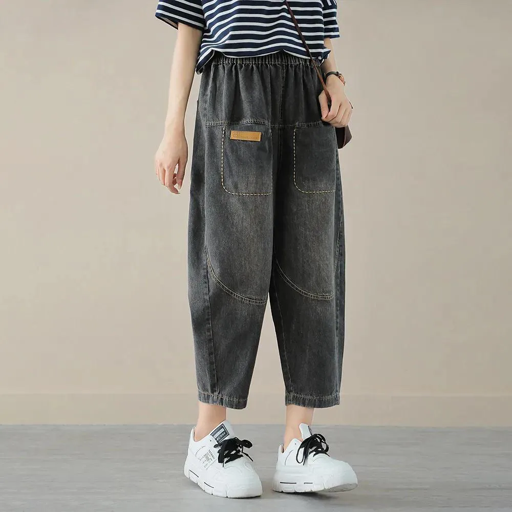 

Новые летние винтажные женские облегающие повседневные джинсы из девяти предметов с эластичной резинкой на талии, свободные брюки Харлан, тонкие брюки с высокой талией