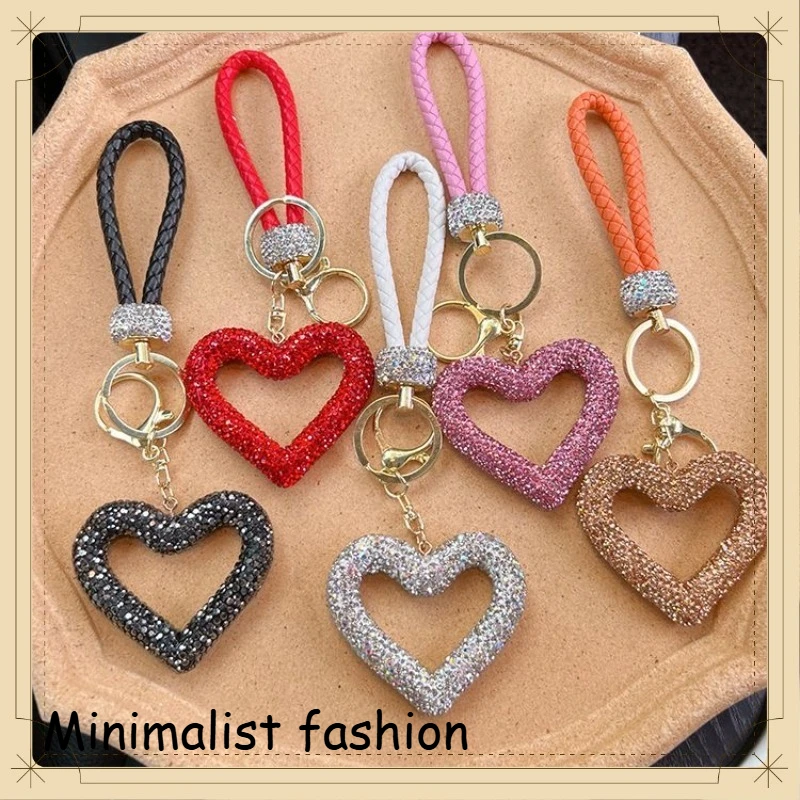 Creative Hollow Clay Heart Keyring with Full-Cover Rhinestones, Leather Cord, and Car Key Accessory
