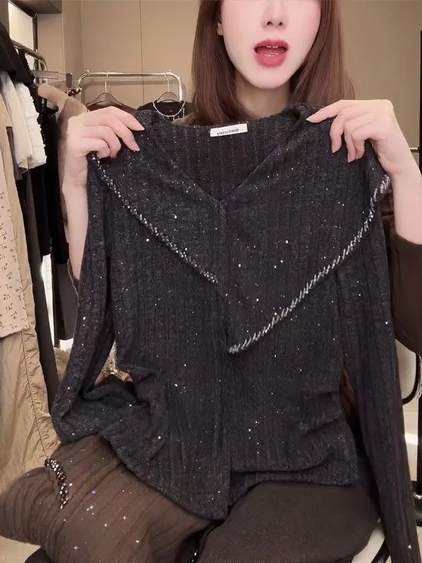 

Карамельный вязаный топ с V-образным вырезом и пайетками, женский, осенне-зимний, стройнящий, модный, трендовый, для женщин