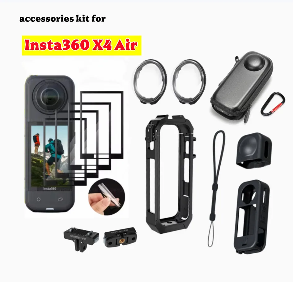 For DJI Insta360 X4 Air Screen Protector Glass, Tempered Glass Lens Guard, Silicone Protective Case Metal Magnetic Adapter Frame