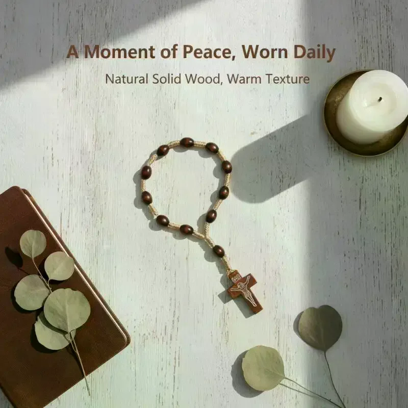 Wood Rosary Beads Bracelet Mini Cross Finger Design Portable Religious Accessory for Baptism Communion Prayer Gifting