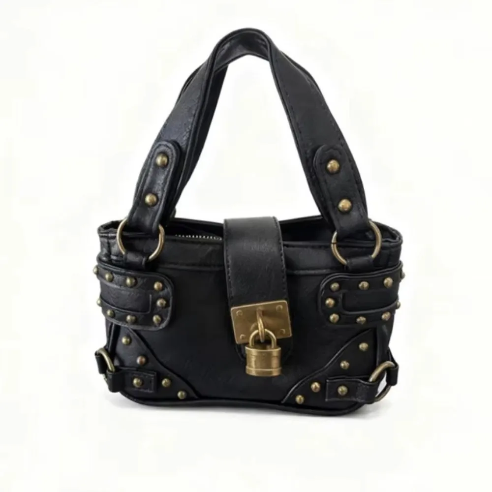 

Trendy Punk Style Shoulder Bag PU Leather Lock Design Small Tote Handbag Retro Rivet Cool Motorcycle Bag for Women