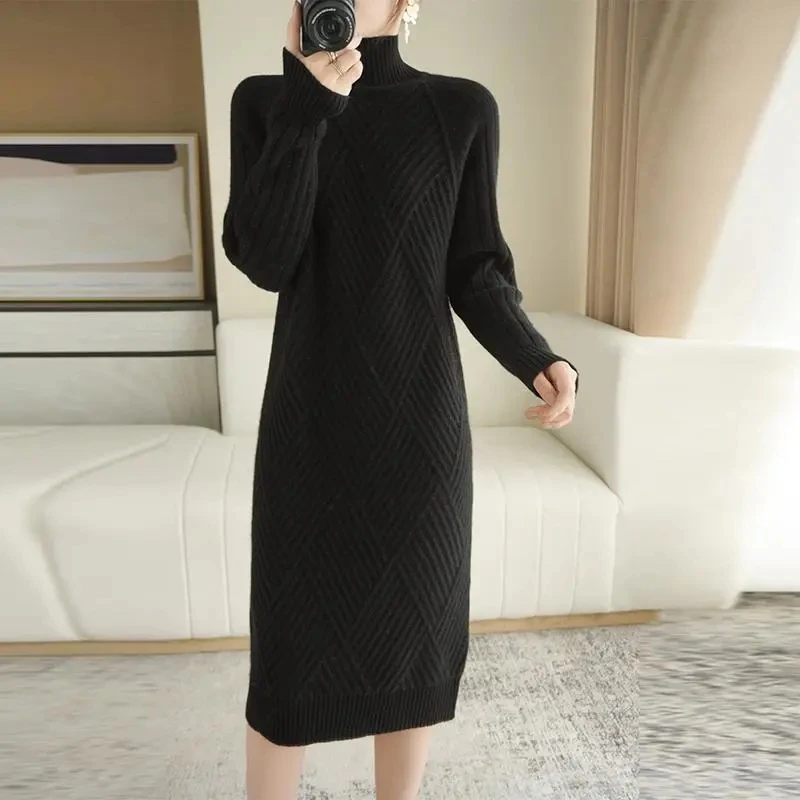 Long Sleeve Bottoming Knitted Dresses Autumn Winter Warm Korean Turtleneck Straight Sweater Dresses Women Casual Knee-Length