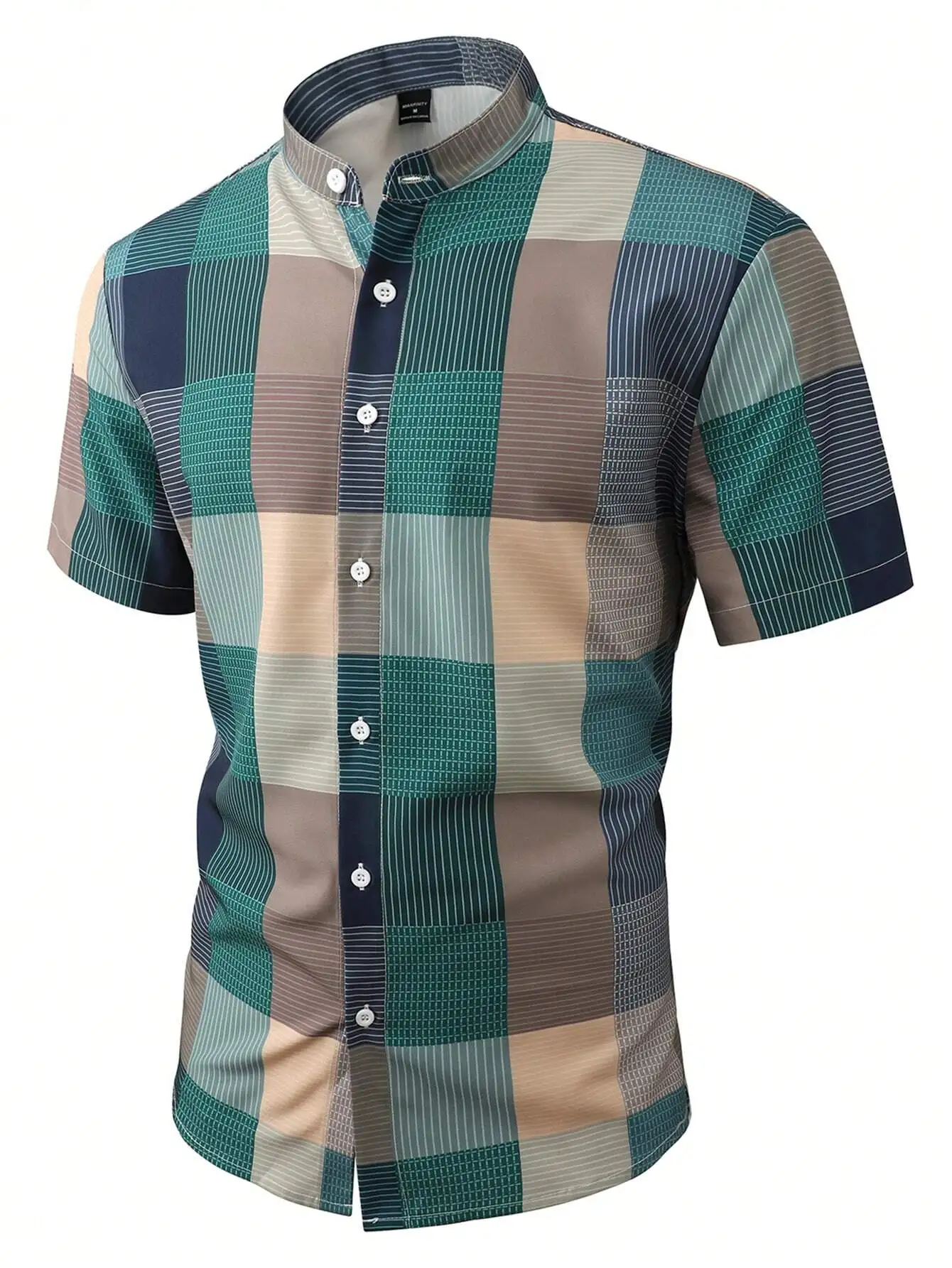 

Men's Short Sleeve Button-Up Shirt with Stand Collar, Patchwork Plaid Pattern, Polyester, Regular Fit