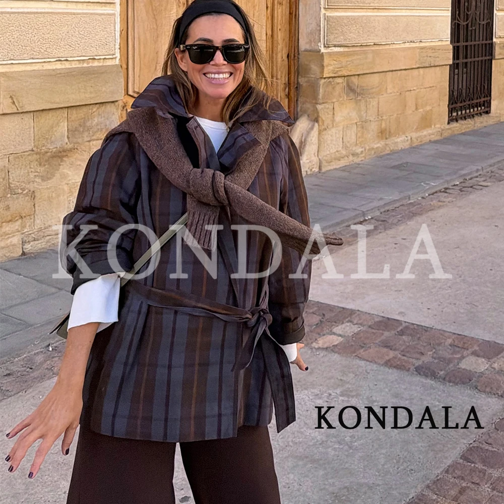KONDALA Women Fall Vintage Chic Plaid Trench Coat Elegant Commute Belt Coat 2026 Autumn Trendy Street Style Casual Trench Coat