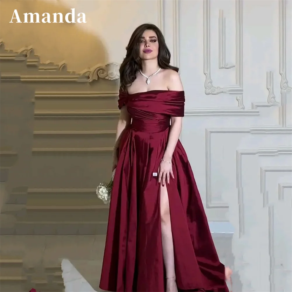 

Amanda Elegant Off Shoulder Prom Dress 2023 Burgundy A-line Vestidos De Noche Sexy Short Sleeve Side Split فساتين مناسبة رسمية