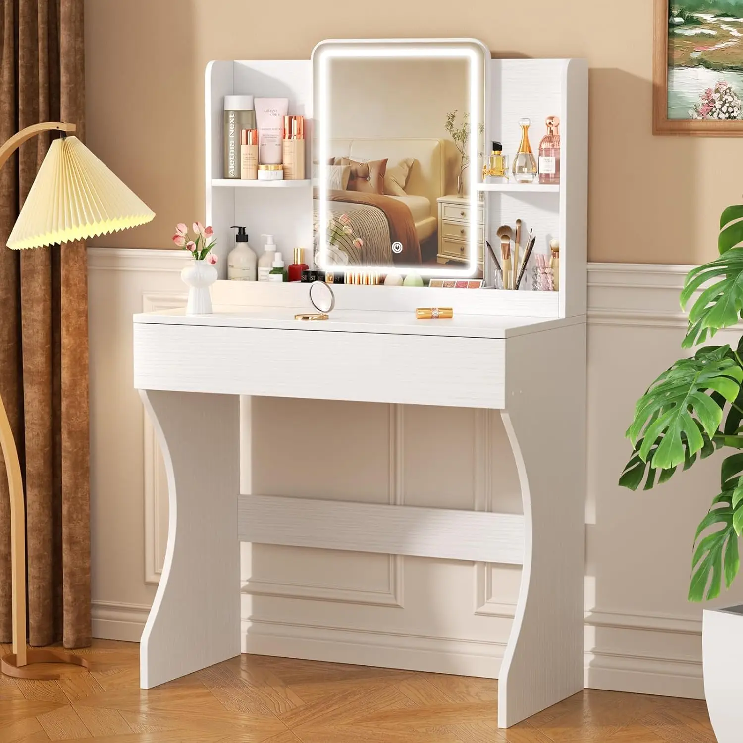 White Small Makeup Vanity Desk with Mirror, Lights, Storage Drawer, 2 Shelves and 3 Compartments for Bedroom